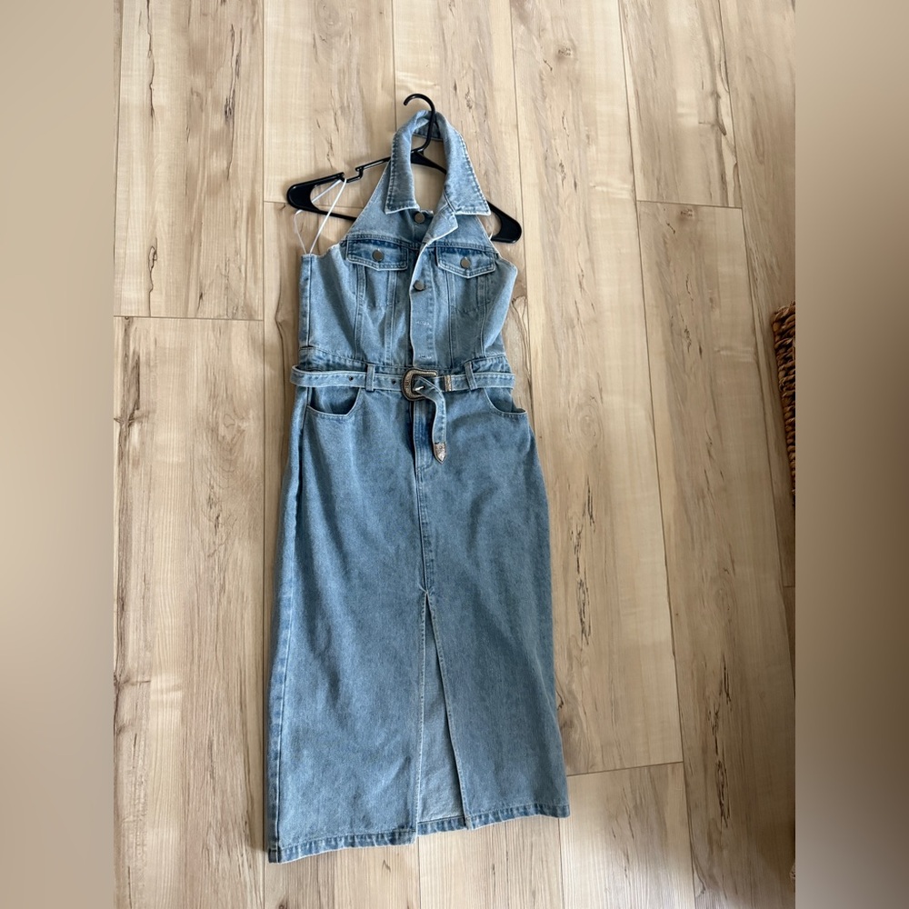 Denim Halter Dress with Belt